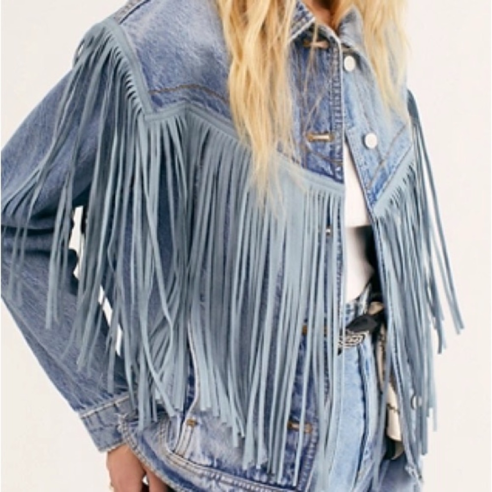 Free People Fringe Denim Jacket, size Small